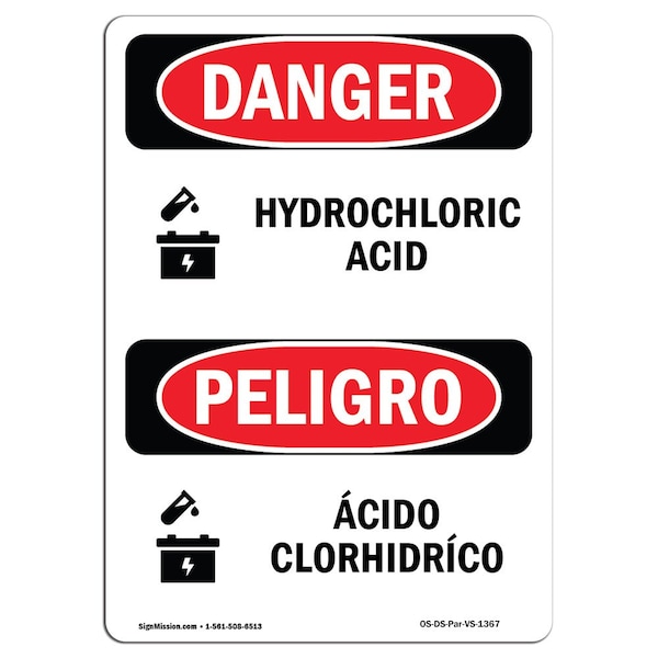 Safety Sign, OSHA Danger, 5" Height, Hydrochloric Acid Bilingual Spanish, 10PK